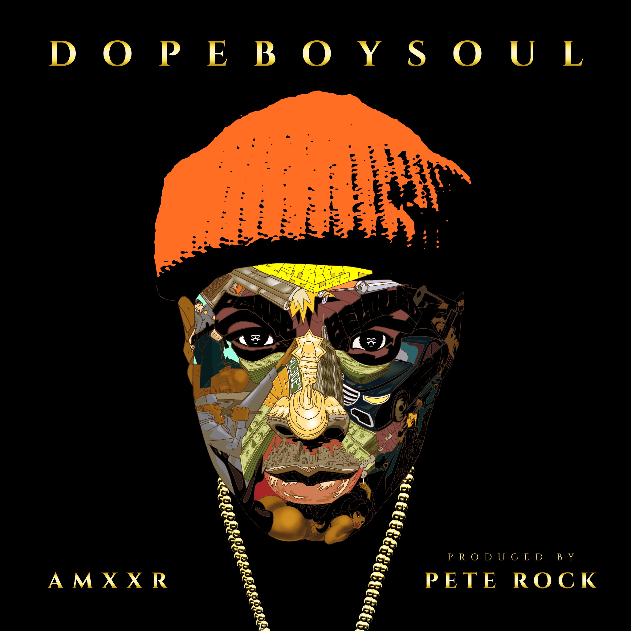 DopeBoySoul album cover: an illustrated portrait of AMXXR in an orange cap, filled with scenes of life, with gold lettering and a gold chain